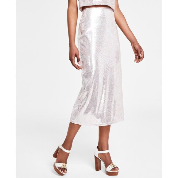 Michael Kors Women Sequined Zebra-Print A-Line Midi Skirt Pink Size M MSRP $155 - Picture 1 of 2